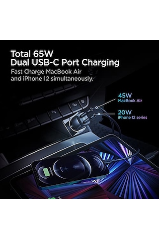 Spigen 65w Usb-c 2 Port Araç İçi Hızlı Şarj Aleti Pps Desteği Akım Korumalı Güç Adaptörü Çakmaklık İphone & Android & İpad & Macbook Type-c - Acp02562 Spigen Tr li