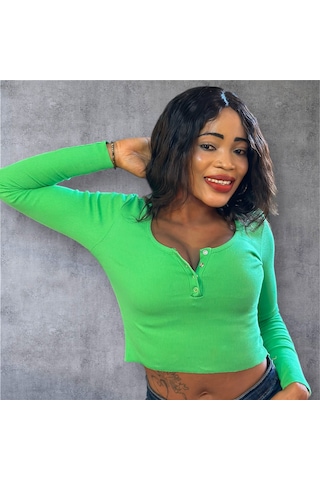 İbeeka Yeni Sezon Havuz Yaka Kesim Çıtçıt Yakalı Pamuk Kaşkorse Crop Body / Bluz Yeşil Renk Yeşil