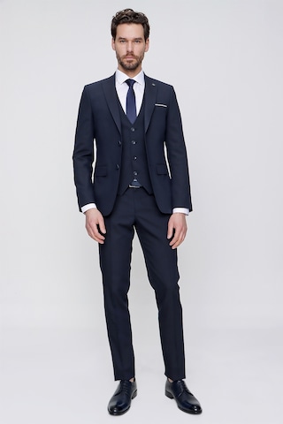 Morven Lacivert Yelekli Jakarlı Slim Fit Dar Kesim 6 Drop Erkek Takım Elbise Lacivert