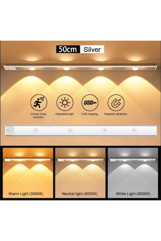 Beyaz Renk 4 Led 50 Cm Hareket Sensörlü Led Işık Tezgah Altı Ofis Ev Led Lamba Çok Renkli