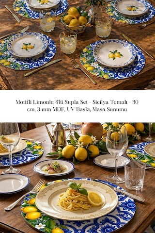 Motifli Limonlu 4lü Supla Set 30 Cm Mdf Uv Baskı Çok Renkli