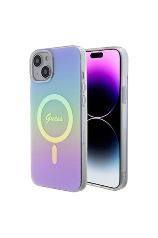 Apple Uyumlu iPhone 15 Kılıf Guess Lisanslı Magsafe Şarj Özellikli Yazı Logolu Iridescent Siyah