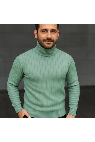 Efnaz Style Erkek Balıkcı Yaka Bağazlı Triko Kazak Pamuklu Kalın Fitilli Dokuma, Regular Fit Uzun Kollu Kışlık Model - Mint Yeşili