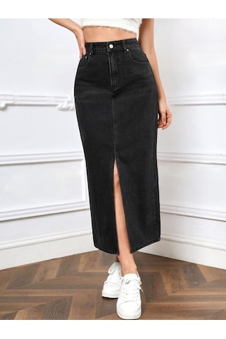 Pass&pass 2100-etek Kadın Likralı Önden Yırtmaçlı Jeans Kot Denim Uzun Etek Siyah