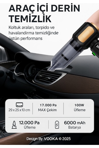 Vooka Araç İçi Süpürge & Üfleme 17.000 Pa Güçlü Çekim 12.000 Pa Üfleme 3 Kademeli,6000 Mah Batarya