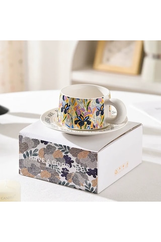 Maiyame Beyaz Seramik Çay/ Kahve Fincan Ve Tabak Seti - 280 Ml Bahar Çiçek Desenli Hediyelik Kutulu Hediye Paketi Beyaz