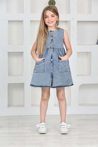 Kız Çocuk Düğme Kapamalı Jean Elbise 12198 Mavi