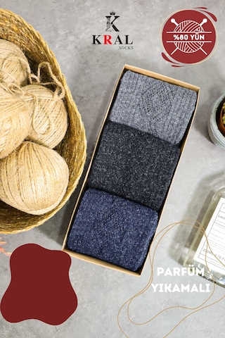 Kral Socks Erkek Koyun Yünlü Lambswool Kışlık 3'lü Kutulu Dikişsiz Çorap Asorti