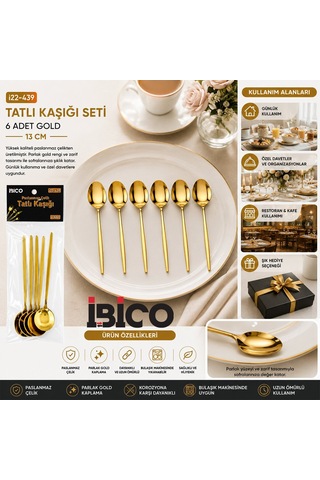 İbico İ22-439 Tatlı Kaşık Seti 13cm 6 Adet Gold - 10'li Paket Diğer