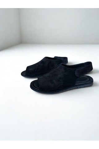 Ne&ve Shoes Siyah Süet Hakiki Deri Cırtlı Kadın Günlük Sandalet