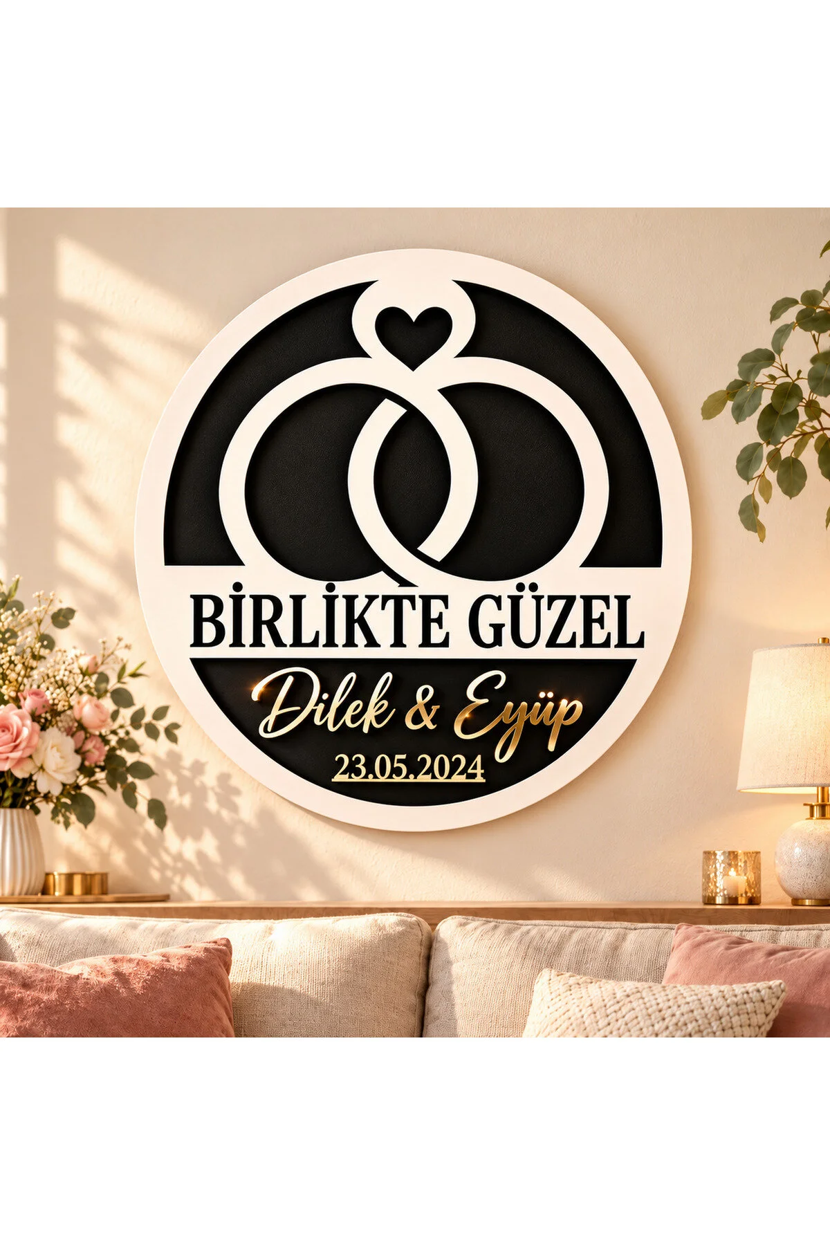 Kişiye Özel İsimli Ve Tarihli Yuvarlak Mdf Duvar Dekoru Gold Mirror Pleksi Düğün Ve Yıl Dönümü Hediyesi
