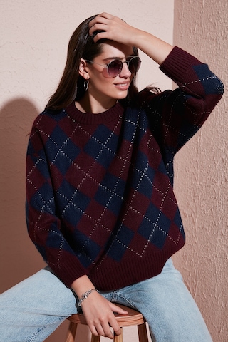 Lela Oversize Fit Bisiklet Yaka Baklava Desenli Bayan Kazak 4615579 Bordo