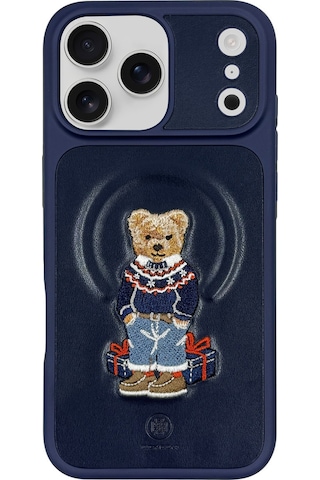 Zuckbear iPhone 17 Pro İçin Kılıf 3d Figürlü Pu Deri Yüzey Manyetik Şarj Destekli Kapak Aristo Lacivert