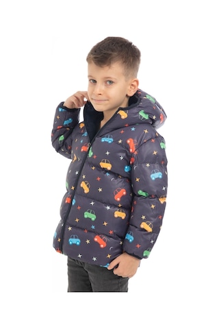 Erkek Çocuk Içi Polarlı Kapüşonlu Araba Yıldız Ay Desenli Kışlık Şişme Mont Lacivert