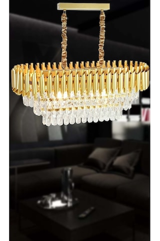 Roza Varaklı Gold 75x35 Kristal Taşlı Lüks Avize - Yatak Odası - Salon - Mutfak - Hol Altın