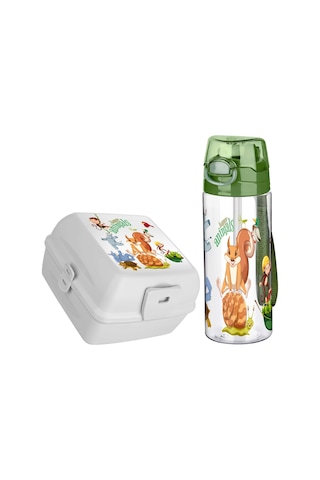 Okul İçin Plastik Çocuk Su Matarası Ve Beslenme Kabı Seti 500 Ml Yeşil