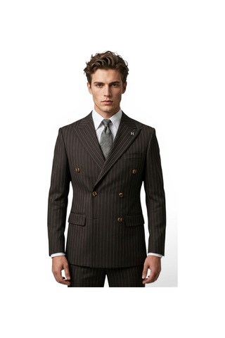 Hermose Sartorial Espresso Kahve Çizgili Kruvaze Takım Elbise Kahverengi