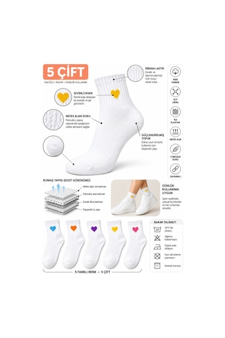 Worthy Socks 5'li Kalp Desenli Patik Bilek Çorap 5 Çift Beyaz