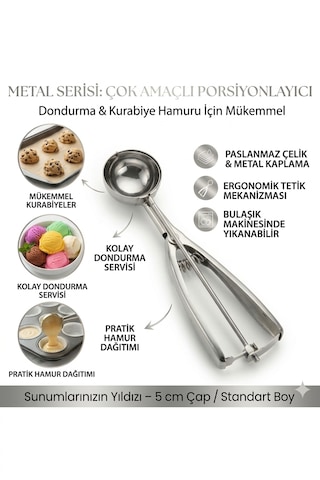 Metal Paslanmaz Çelik Dondurma Kaşığı - Çok Amaçlı Kurabiye Ve Hamur Porsiyonlayıcı 5 Cm Gri