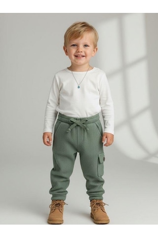 Zekids Erkek Çocuk Beli Lastikli Dokulu Kargo Pantolon-15728 Yeşil