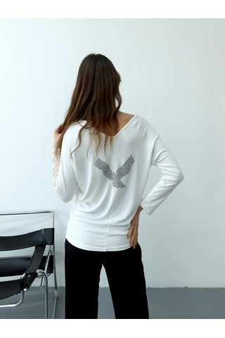 Mirve Butik Kolları Tül, Sırtı Parlak Taşlı Bluz Beyaz