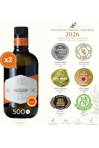 Gaia Pearls İkili Set Turuncu Seri 500 Ml X2 Avrupa Birliği Coğrafi İşaretli Milas Memecik Erken Hasat Soğuk Sıkım Zeytinyağı Yoğun Meyvemsi
