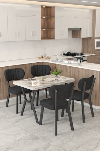 Gnr 70x110cm Sabit Efes Mutfak Masası Takımı, Yemek Masası, 4 Modern Siyah Sandalye Siyah