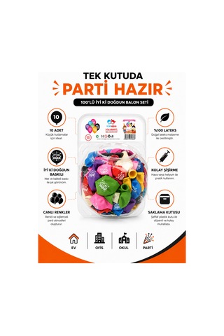 10'lu İyi Ki Doğdun Baskılı Lateks Balon Seti Pompa Hediyeli Plastik Saklama Kutulu Doğum Günü Parti Süsü Çok Renkli