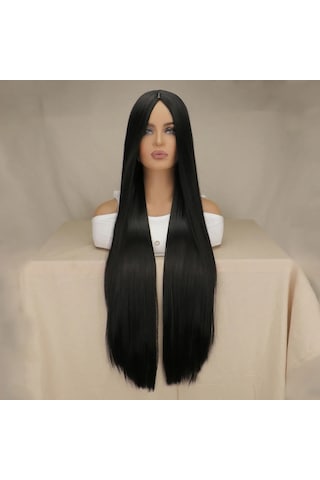 Anime 100cm Sentetik Uzun Düz Siyah Yüksek Sıcaklık Fiber Peruk Çok Renkli