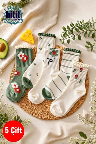 Hitit Socks Kadın 5 Çift Premium Kabartma Desenli Çiçek Ve Çi... Çok Renkli