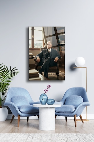 Atatürk Cam Tablo - Portre - Cam Tablo - Duvar Dekoru - Atatürk Portresi - Kaliteli Baskı Ata024 Atatürk Temalı Dekoratif Duvar Tablosu, Salon, Ofis Ve Çalışma Alanı Dekoru,