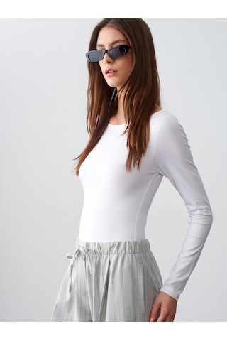 Dilvin 32549 Kayık Yaka Bodysuit-beyaz Beyaz