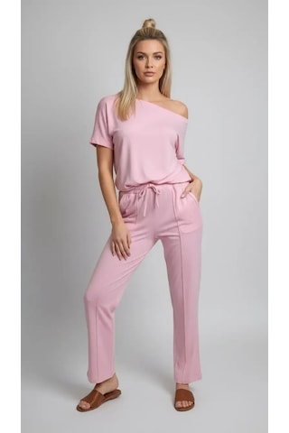 Park Karon 26022 Kadın Kayık Yaka Bluz Bağcıklı Pantolon Penye Alt Üst Takım Pembe