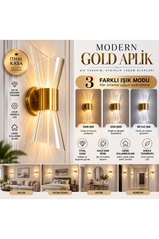 Gold Modern Aplik Duvar Lambası 3 Renk Işık Modlu Elektrikli Şık Dekoratif Led Aydınlatma Pilli Değildir Sarı