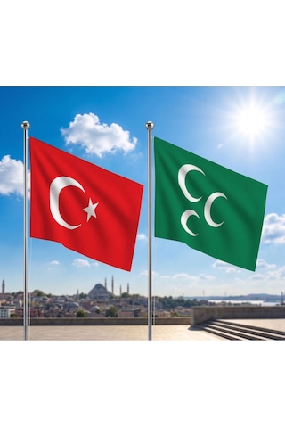 Yeşil Üç Hilal Osmanlı İmparatorluğu Sancağı Bayrağı Ve Alpaka Kumaş Türk Bayrağı 2'li Set 70x105cm Diğer