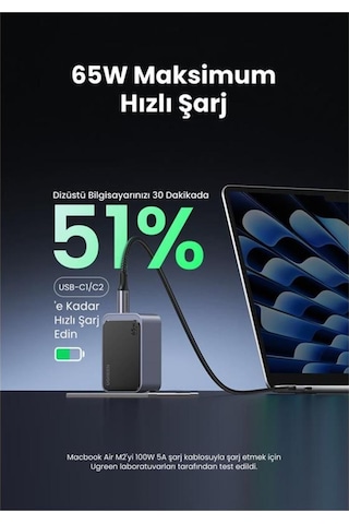 Ugreen Nexode Air 65w Gan Hızlı Şarj Cihazı Usb-c Qc Pd 2xusb-c, 1xusb-a, Gri, 35042