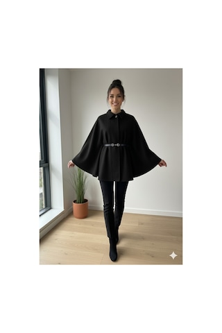 Unika Boutique Kadın Yeni Sezon Kemerli Panço Siyah