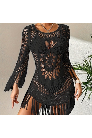 Şık Uzun Kollu Bohem Saçaklı Dekolteli Plaj Elbisesi Siyah