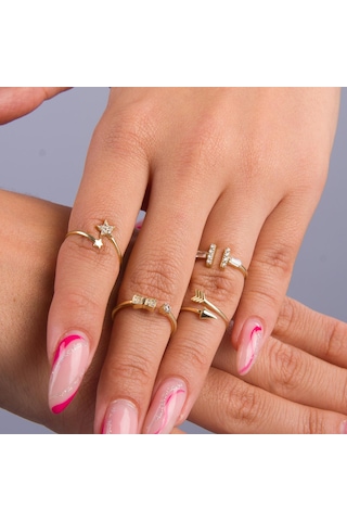 Goldkupe 14 Ayar Altın Baget Taşlı Ayarlanabilir Yüzük 1,22 Gr-6417
