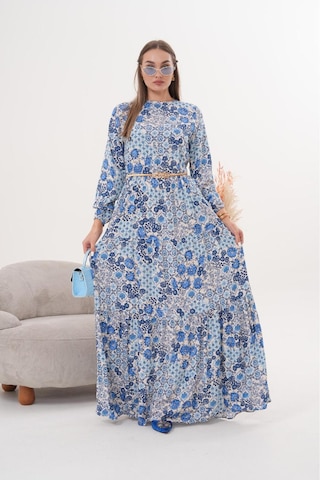 Polologin Butik Çiçekli Viskon Elbise Mavi