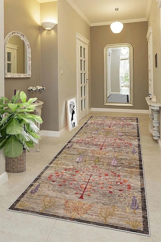 Pelangi Ağaç Desenli Dijital Baskı Yıkanabilir Kaymaz Taban Etnik Kilim Desen Salon Halısı Ve Yolluk, Kahverengi 6 Çok Renkli