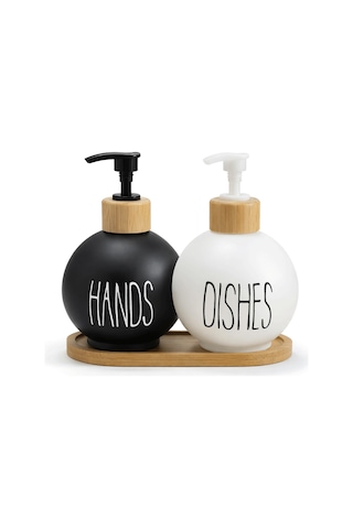 Bambu Stantlı Top Model Cam Sabunluk, Hands & Dishes 500 Ml Sıvı Sabunluk Seti Siyah-beyaz