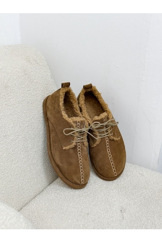 Erva'nın Butiği Camel Hakiki Deri Sorry İçi Peluş Bağcıklı Kadın Ayakkabı-6392
