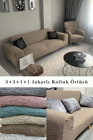 Upmall Jakarlı Koltuk Kanepe Kılıfı Çekyat Örtüsü 3+3+1+1 Kahve