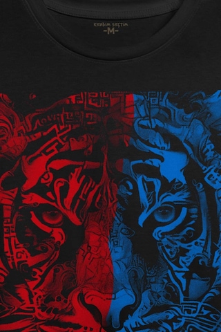 Vahşi Kaplan Kafası Bordo Mavi Trabzon Tiger Baskılı Tişört Unisex T-shirt 001