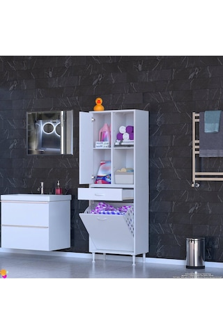 Eliusta Liora Beyaz Çok Amaçlı Banyo Dolabı 65 Cm Genişliğe Sahip 65x171x32,5 Cm Tek Sepetli 2 Raflı Dolap Beyaz