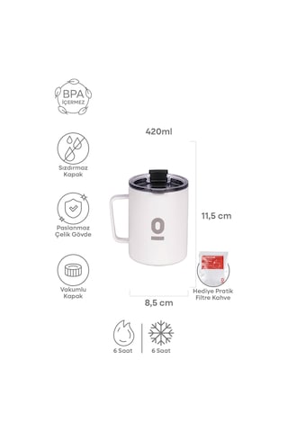 Paslanmaz Çelik Beyaz Metal Kupa 420 ML Vakum Kapaklı Isı Yalıtımlı No:90