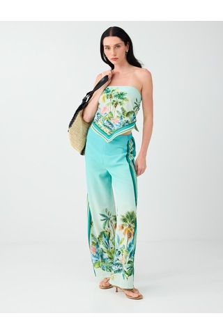 Jimmy Key Jimmy Key Mint Yeşili Tropikal Desenli Şerit Detaylı Saten Pantolon 6sw187491332