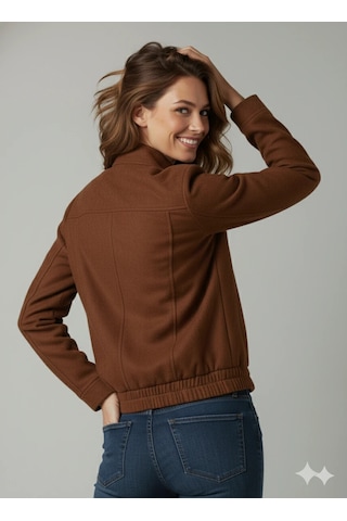 Kadın Taba Zarif Kısa Ceket Toka Detaylı Dik Yaka Cepli Süet/kaşe Baharlık Ceket Kahve