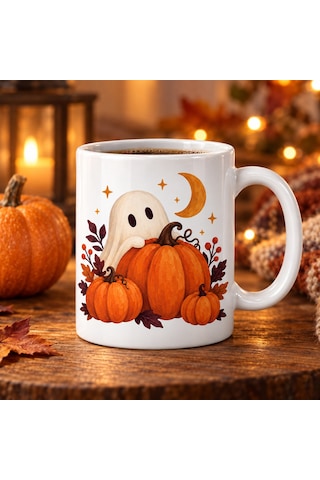 Sevimli Hayalet Ve Balkabağı Tasarımlı Porselen Kupa - Halloween Teması - Model 261 Diğer